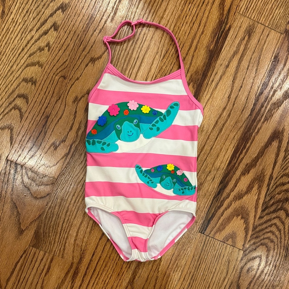 Pink and White Striped Swimsuit with Turtle Design
